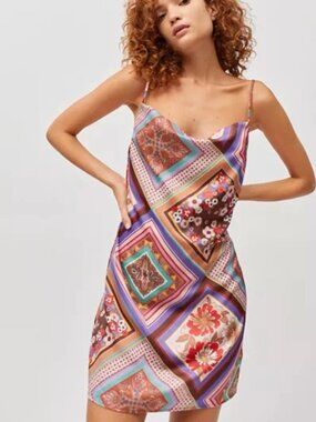 Urban Outfitters Mallory Cowlneck Multicolor Mixedprint Slip Dress
